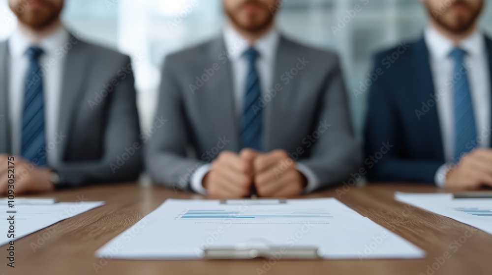 Professional Business Meeting Representation with Three Men in Suits Discussing Reports at Modern Office Table in Blurred Context Professional Business Meeting Representation with Three Men in Suits Discussing Reports at Modern Office Table in Blurred Context