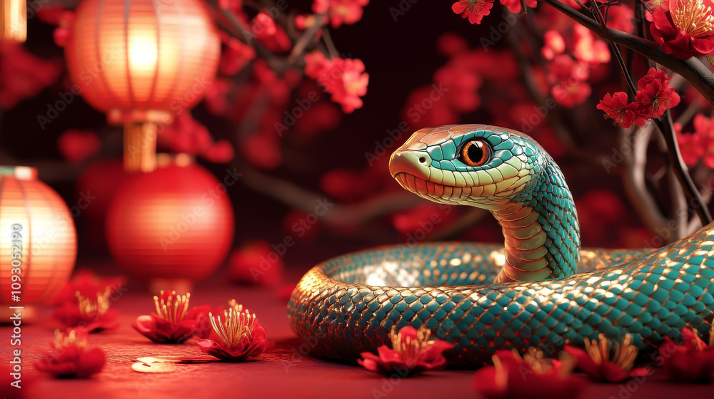 A vibrant snake with shimmering scales sits among red blossoms and glowing lanterns, evoking a festive and symbolic atmosphere.
A vibrant snake with shimmering scales sits among red blossoms and glowing lanterns, evoking a festive and symbolic atmosphere.