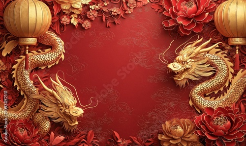 Wallpaper Mural Ornate dragon frame featuring swirling patterns and dynamic floral elements Torontodigital.ca
