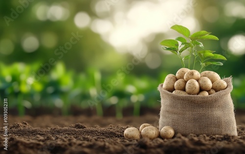 Freshly harvested potatoes in a burlap sack in a sunlit garden field photo