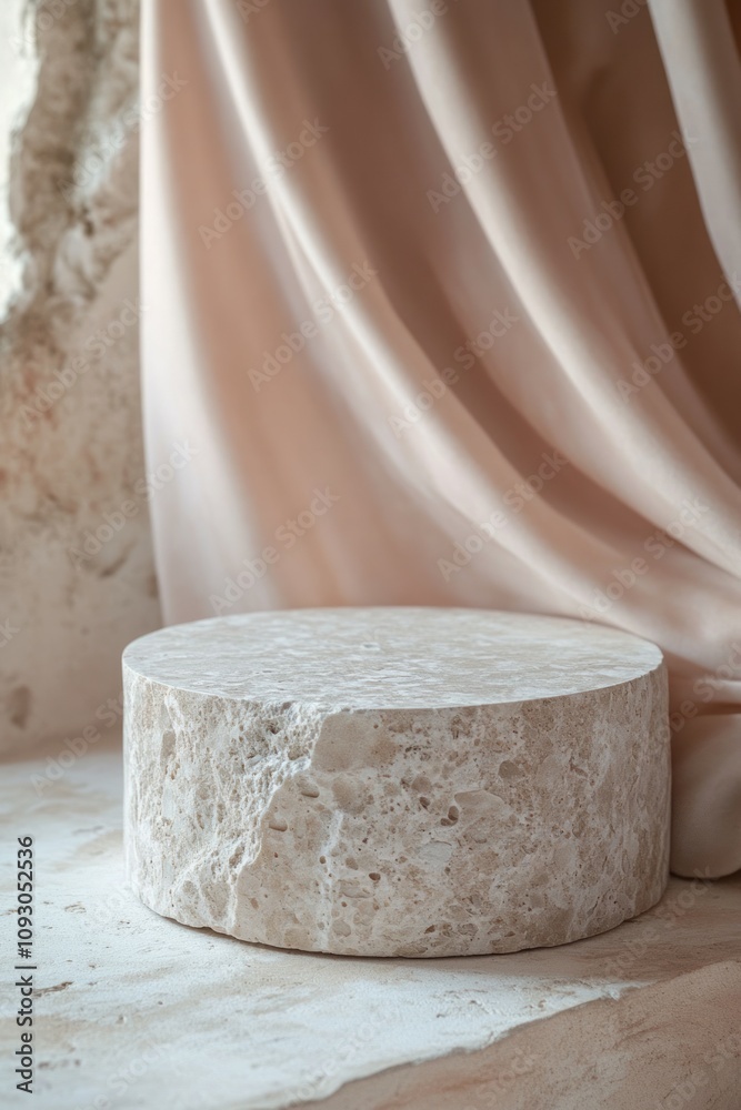White marble podium on the pink background with silk fabric and shadow of tropical plant. Podium for product, cosmetic presentation. Creative mock up. Pedestal or platform for beauty products. White marble podium on the pink background with silk fabric and shadow of tropical plant. Podium for product, cosmetic presentation. Creative mock up. Pedestal or platform for beauty products.