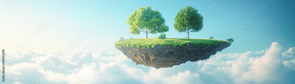 Obraz premium Tranquil Isometric Floating Island with Verdant Green Lawn and Exposed Layers, Surreal Serenity