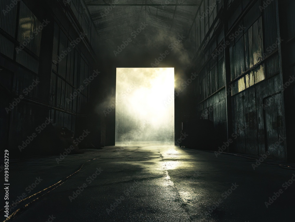 Fototapeta premium Dim industrial interior with glowing exit portal