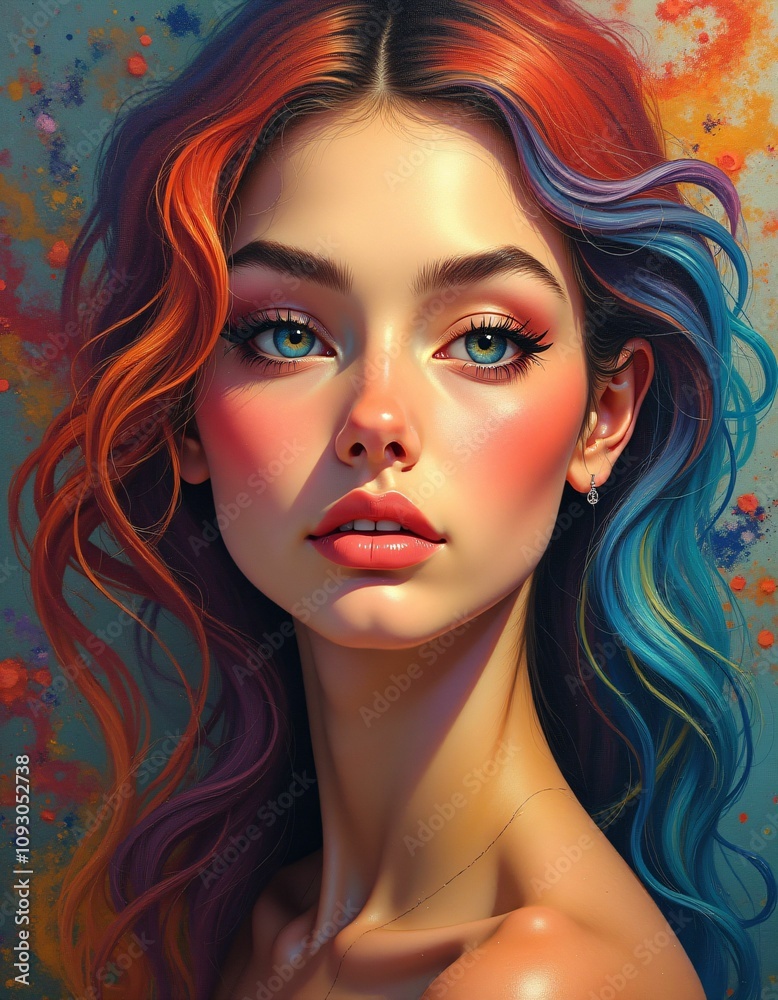 Fototapeta premium marble colorful painting art, female faces of different nationalities with cheekbones and lips, smiling faces with prominent cheekbones and smooth facial features, red, blue, green, yellow, purple, or