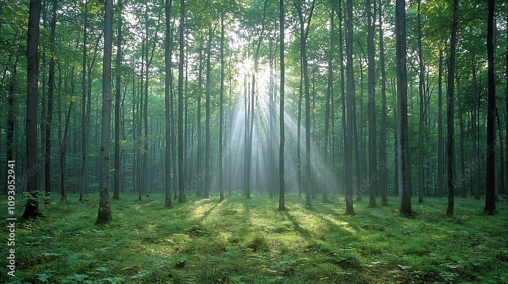 Obraz premium Towering Evergreen Trees in a Lush Dense Forest with Sunlight Beams Filtering Through the Verdant Foliage Showcasing the Serene Beauty of Nature