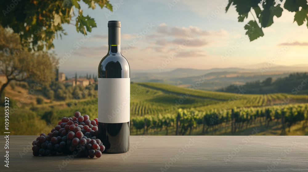 Fototapeta premium A wine bottle with a blank label and a bunch of ripe grapes on a wooden table overlooking a vineyard at sunset. 