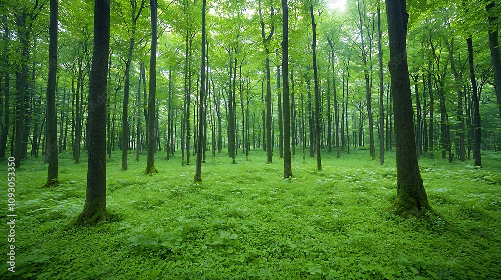 Fototapeta premium Captivating forest landscape with towering trees and lush verdant undergrowth that symbolizes the balance harmony and richness of the natural world This tranquil