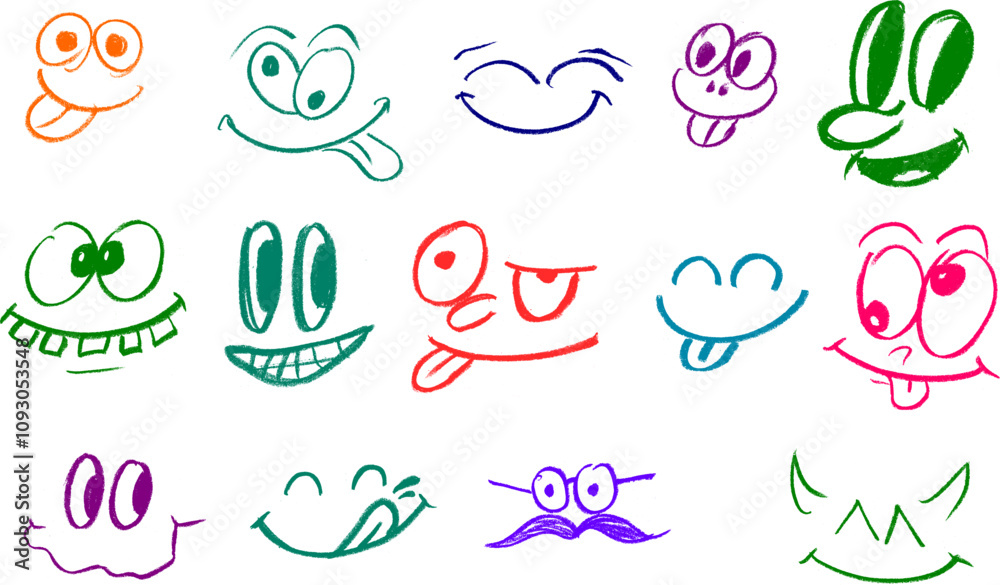 Emoticon Smiley Silly Faces Crayon Chalk Drawing Vector Set