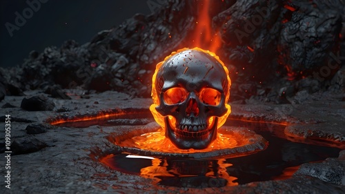 A polished metallic skull emerges from a pool of molten lava, its silver surface gleaming amidst vivid flames of bright orange and red