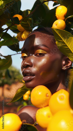 Glowing Skin with Marula Oil Extract Surrounded by Fresh Marula Fruits in a Sunlit African Landscape for Radiant Skin Care photo