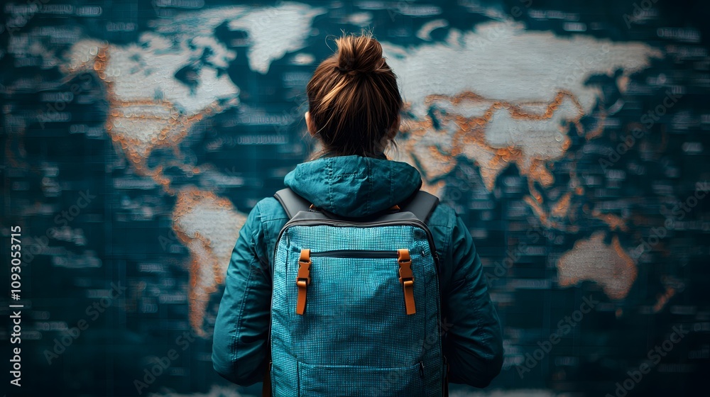 Obraz premium Exploring the World: A Young Adventurer Contemplates Destinations on a Vibrant Map Background. Adaptability Quotient Concept