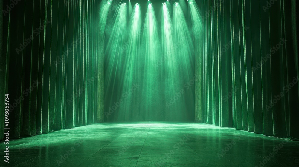 Fototapeta premium Green stage with dramatic lighting and green curtains