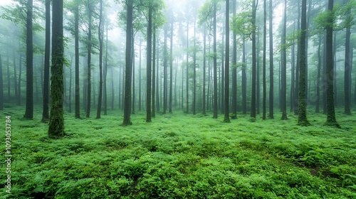 Misty forest landscape with layered vegetation and tall trees representing the calm and untouched beauty of nature  Serene and tranquil scene with a moody atmospheric vibe photo