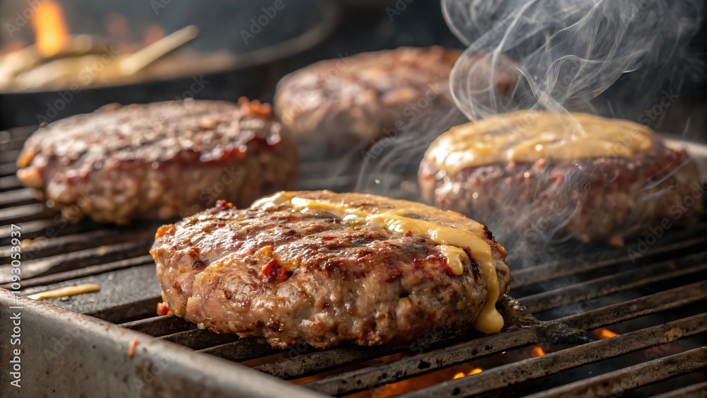 Juicy hamburger patties sizzling on the grill with gooey melted cheese and smoky flavor Juicy hamburger patties sizzling on the grill with gooey melted cheese and smoky flavor