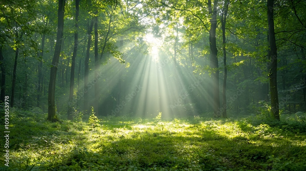 Fototapeta premium A sun dappled forest scene with lush green foliage filtering the golden rays of light showcasing the beauty and vitality of a thriving natural ecosystem