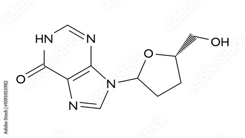 didanosine molecule, structural chemical formula, ball-and-stick model, isolated image nucleoside analog photo