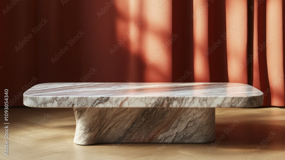 Side profile view of the top of a marble table, background soft sunlight with orange shadow. Side profile view of the top of a marble table, background soft sunlight with orange shadow.