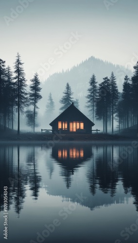 Serene lakeside cabin surrounded by foggy winter landscape at dusk