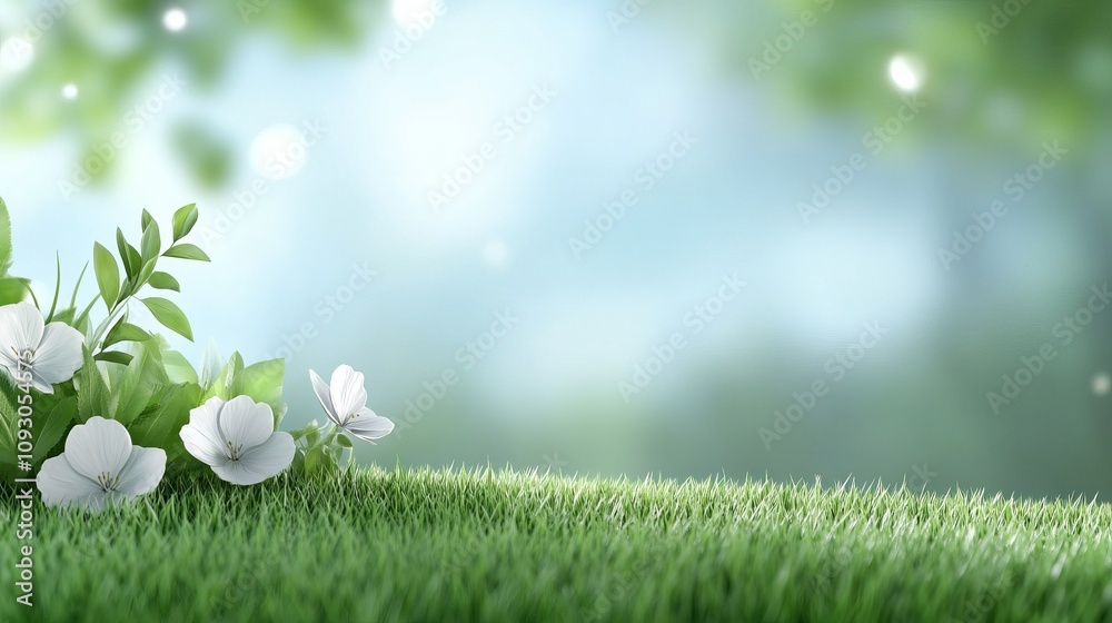 Gentle Serenity of White Flowering Plants on Lush Green Grass with a Soft Blurred Background for Tranquil Nature Photography Gentle Serenity of White Flowering Plants on Lush Green Grass with a Soft Blurred Background for Tranquil Nature Photography