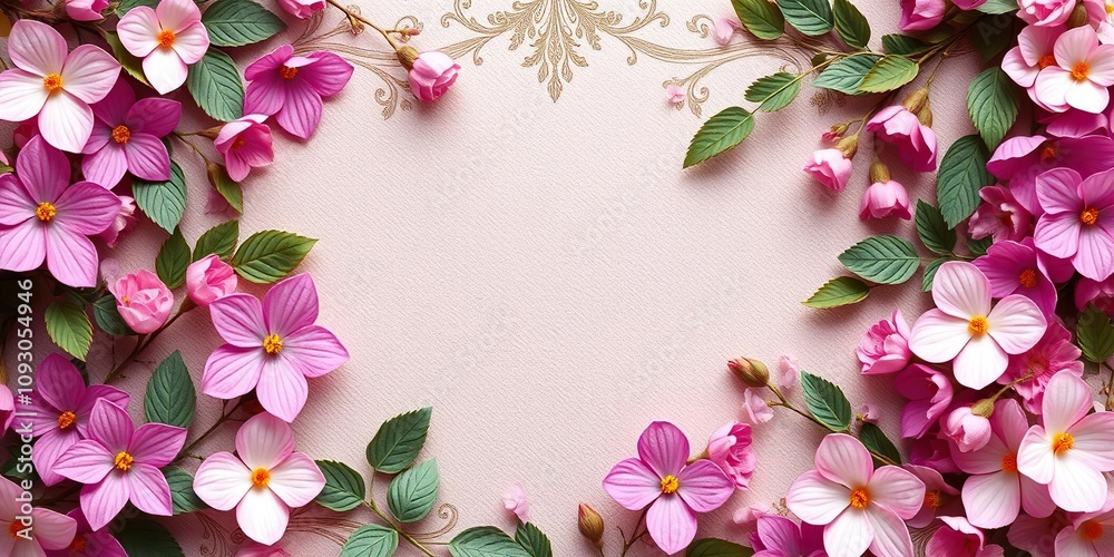 An ornate background featuring a mix of artificial flowers and leaves in shades of pink and purple, sophisticated look, soft focus, vintage