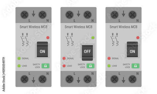 Smart wireless circuit breaker for DIN rail mount. Set of electronic devices isolated on white