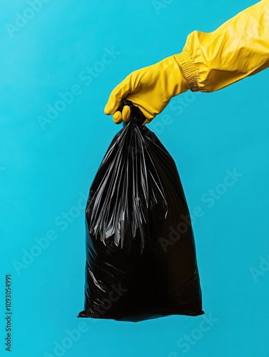 Vibrant yellow glove grips tightly on trash bag