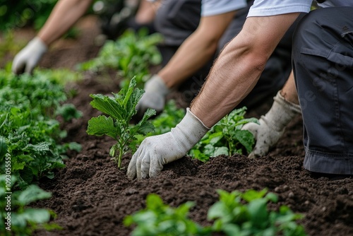 Hands gently planting seedlings in rich soil during a community gardening project in springtime photo