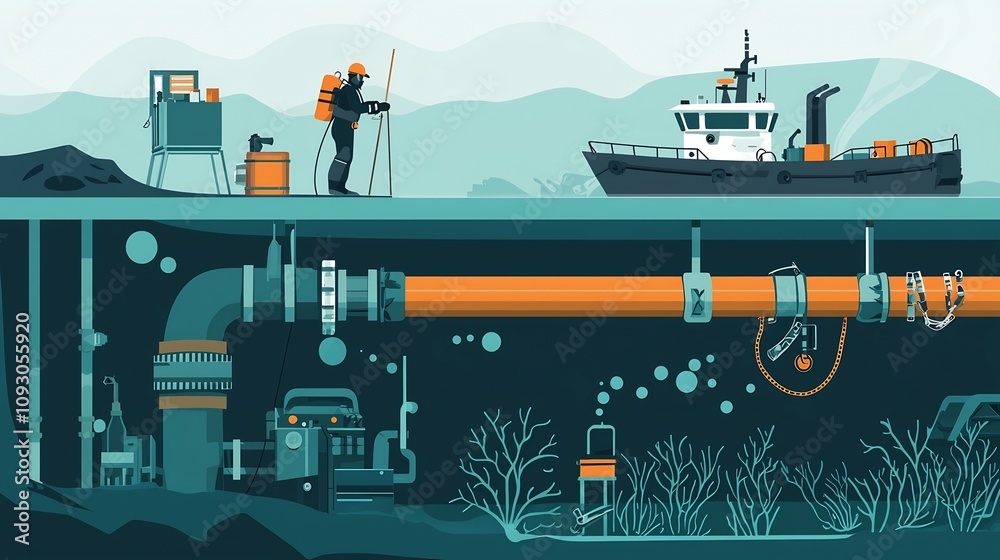 Obraz premium of an underwater scene showing a diver equipped with tools inspecting and servicing a subsea pipeline with a support boat visible on the surface above