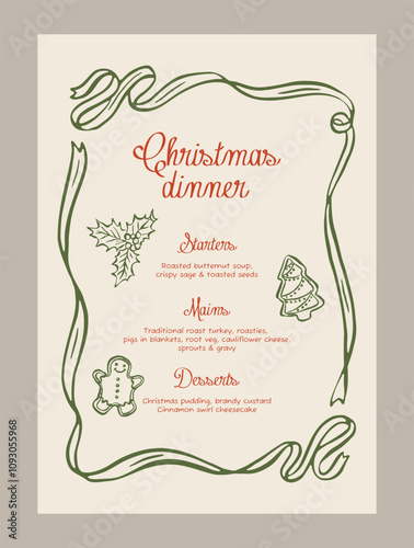Elegant vector menu template with food doodles. Art for greeting cards, wedding invitations, postcards, branding, logo design. 