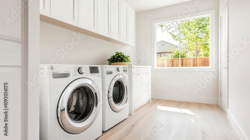 A wellorganized laundry room with morning light, modern appliances, peaceful home setting photo