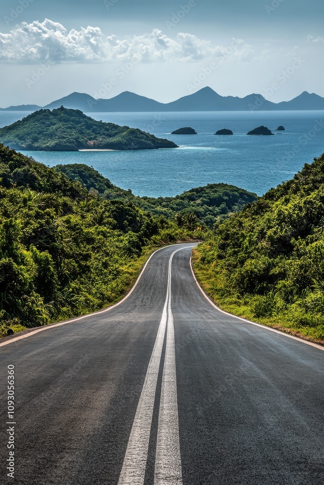 Obraz premium Serene coastal road leading to distant islands under a vibrant sky