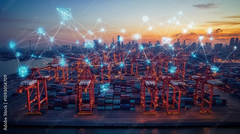 Obraz premium Smart City Logistics Global Trade IoT Network Container Port at Dusk