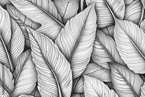 Texture: Leaf design in black and white style, background, pattern, wallpaper, ornament, version 2