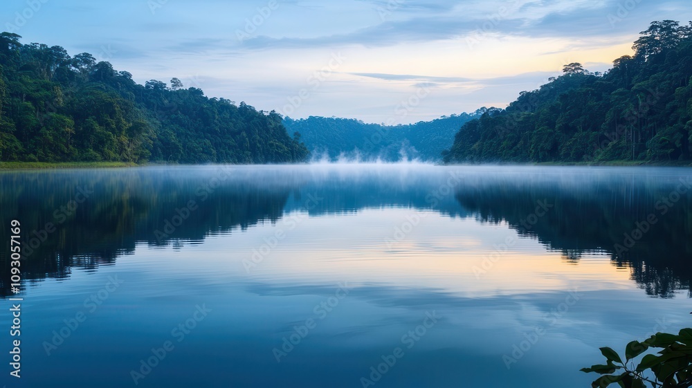 Fototapeta premium A serene lake surrounded by lush greenery, reflecting the sky and trees, with gentle mist hovering over the water at dawn.