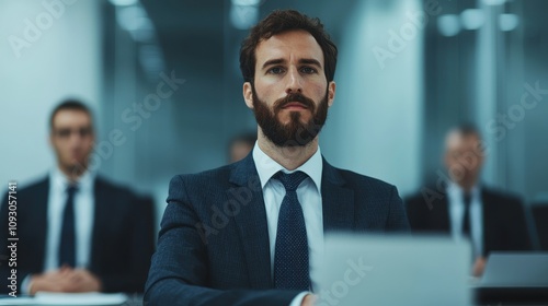 Professional Young Businessman in Formal Suit Sitting in Conference Room with Colleagues During Serious Meeting in Modern Office Environment