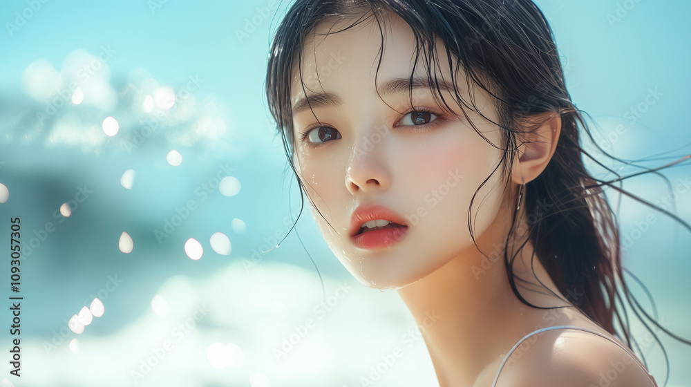Close-up portrait of a beautiful Asian model with wet hair and glowing skin, set against a bright summer beach backdrop, evoking elegance and freshness. Close-up portrait of a beautiful Asian model with wet hair and glowing skin, set against a bright summer beach backdrop, evoking elegance and freshness.