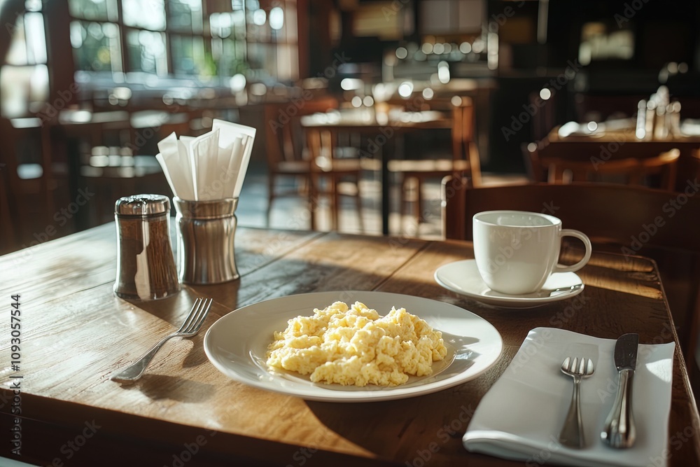 Breakfast table with scrambled eggs, a coffee cup, and cutlery in a cozy restaurant setting during morning hours Breakfast table with scrambled eggs, a coffee cup, and cutlery in a cozy restaurant setting during morning hours