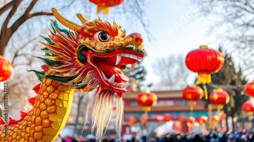 Colorful Dragon Head and Lanterns Festive Celebration