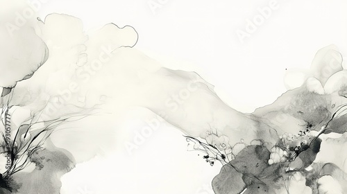 Monochrome ink wash with floral elements, abstract.
