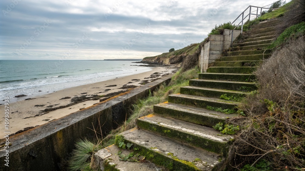 Obraz premium A row of weathered concrete steps leading to a secluded cove in the ocean, ocean scenery, coastal landscape, seaside photo