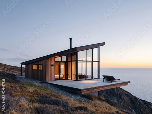 A modern cabin with large windows overlooking the ocean, set on a hillside at sunset, blending nature with contemporary architecture.