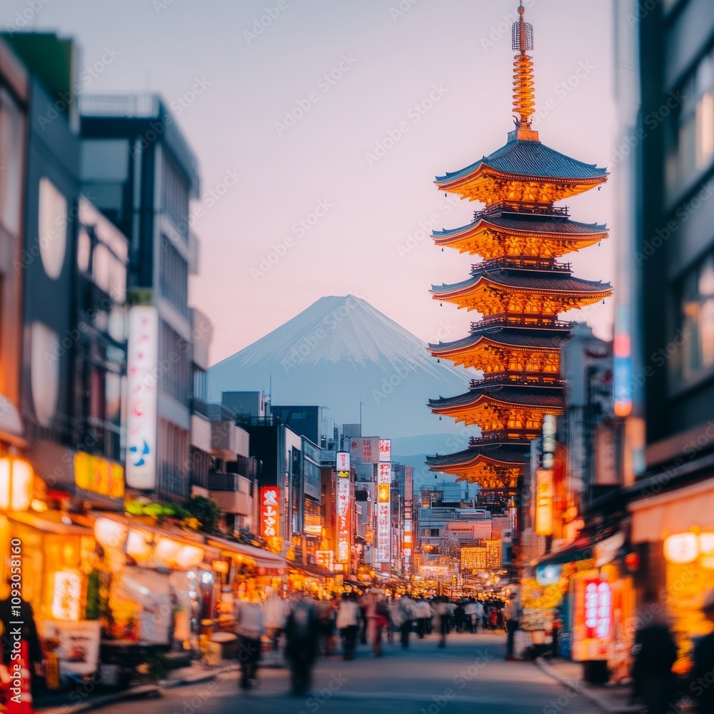 Obraz premium Illuminated pagoda and Mount Fuji at dusk city street scene.