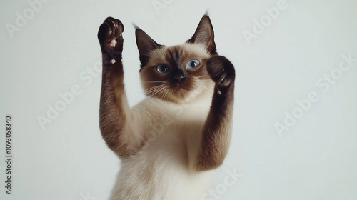 Beautiful Siamese cat posing in studio on white background. photo