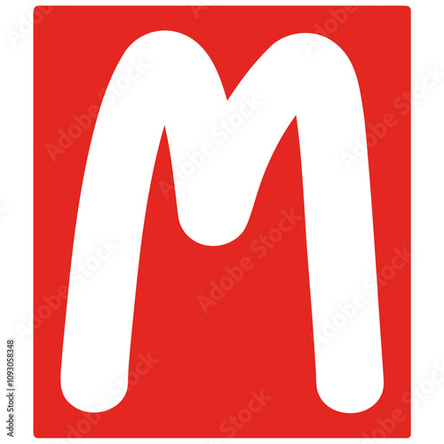 white letter m on red rectangle background