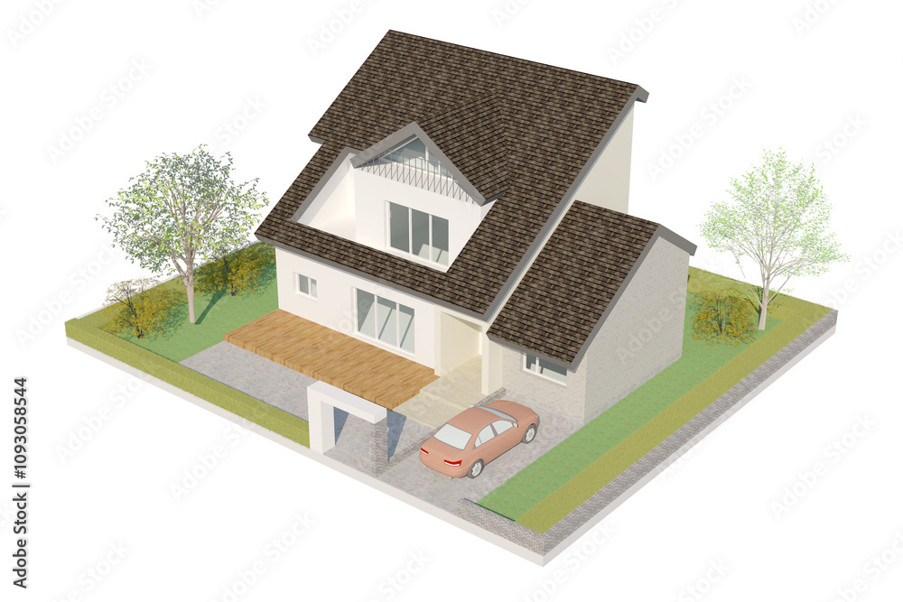 3D rendering of a two-story detached house. The house features a brown roof and white exterior walls, surrounded by a garden with grass and trees 3D rendering of a two-story detached house. The house features a brown roof and white exterior walls, surrounded by a garden with grass and trees