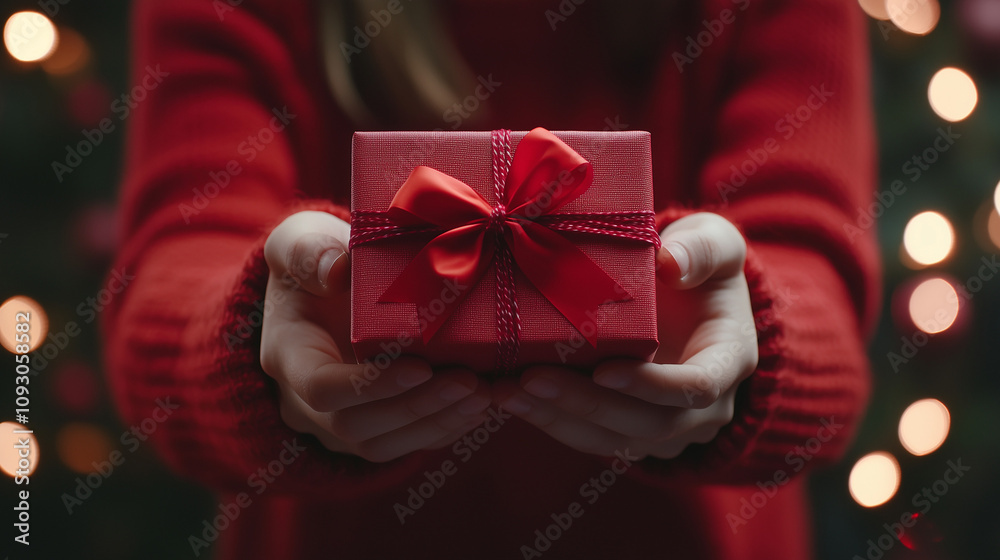 Close-up of woman's hands handing over red gift box tied with a bow. Gift giving on Christmas, New Year and Birthday in office. Close-up of woman's hands handing over red gift box tied with a bow. Gift giving on Christmas, New Year and Birthday in office.