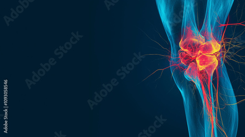 X-ray of a human knee joint on a vibrant blue background, with the kneecap and surrounding ligaments highlighted in red and yellow, emphasizing the jointâs intricate connections. photo