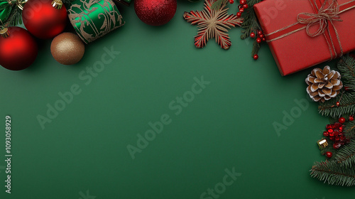 Festive Christmas flat lay with copy space, featuring red and green decorations and gifts against a solid green background. Perfect for holiday greeting cards, social media posts, and seasonal marketi photo