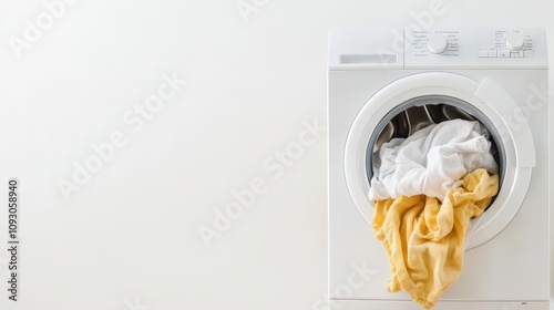 Laundry being placed into a washing machine, morning light, clean and organized home routine photo