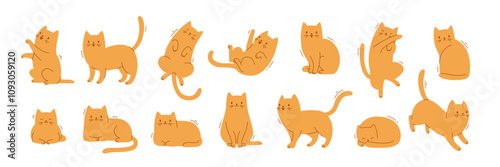 Flat cat poses set. Cartoon kitten poses collection. Different vector cat poses bundle.
